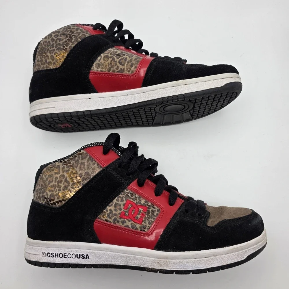 Vintage DC Shoes Womens 6.5 Y2k Skate Manteca 2 Mid Sneakers‎ Leopard Red Black
